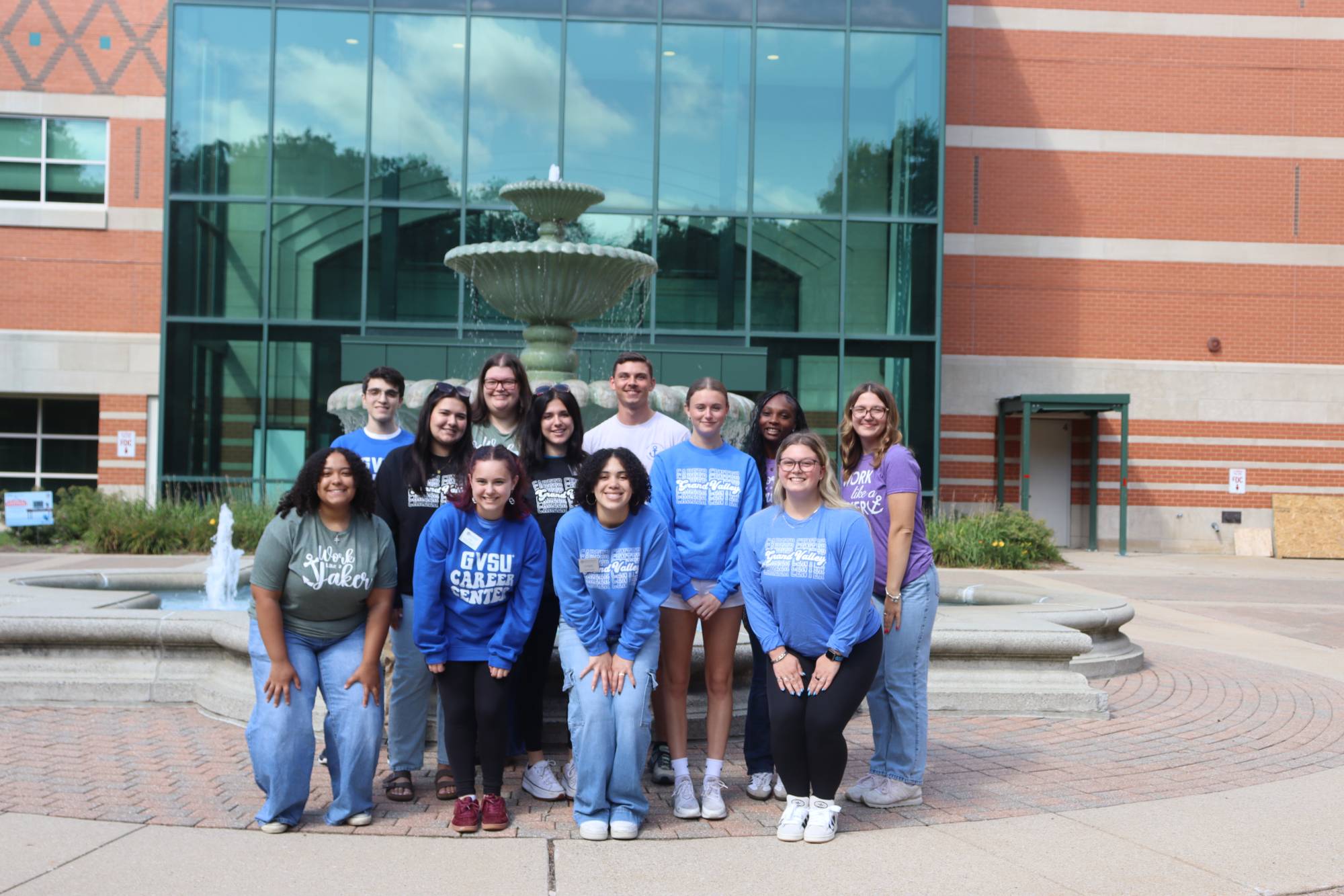 students by fountain